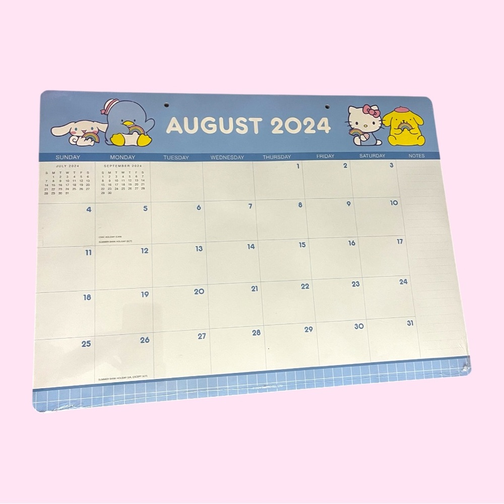 Sanrio August 2024 Desk Calendar - Light Blue, White, Yellow